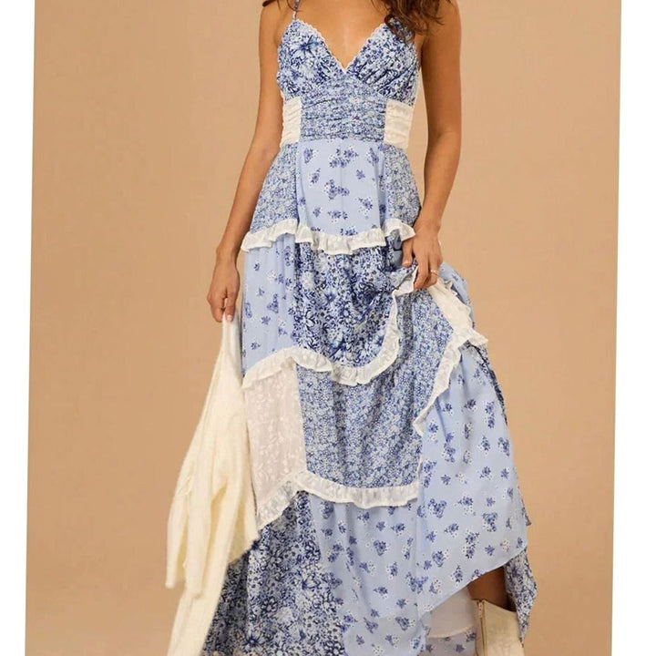 Women's Boho Floral Patchwork Tiered Ruffle Maxi Dress