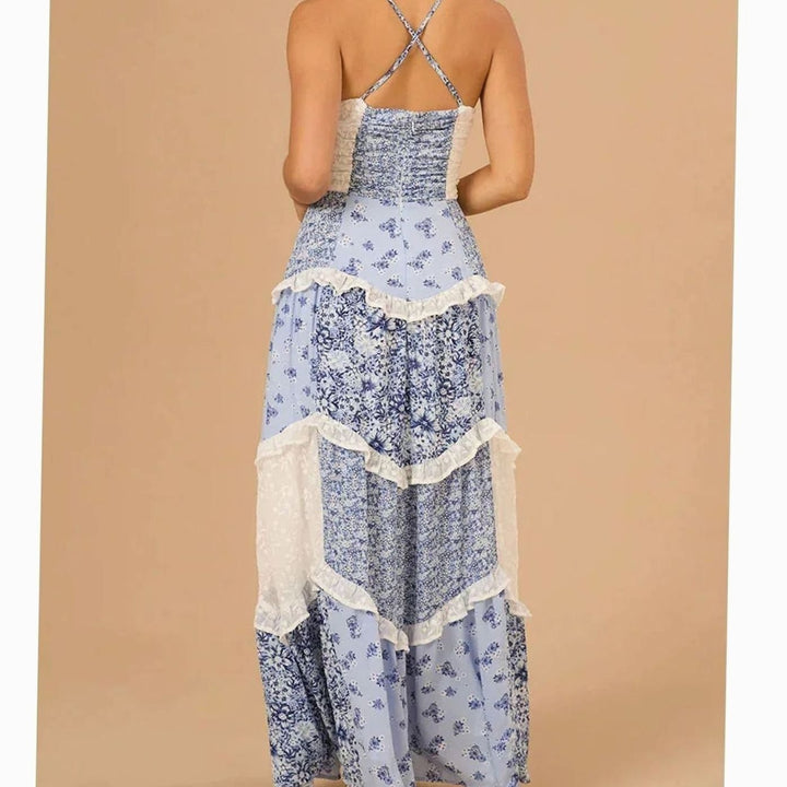 Women's Boho Floral Patchwork Tiered Ruffle Maxi Dress