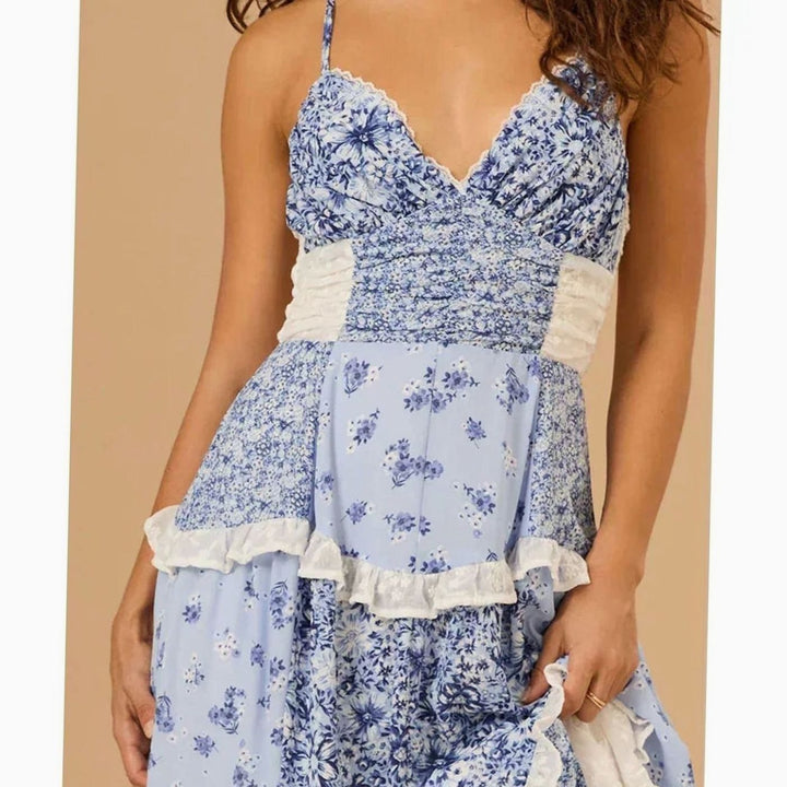 Women's Boho Floral Patchwork Tiered Ruffle Maxi Dress