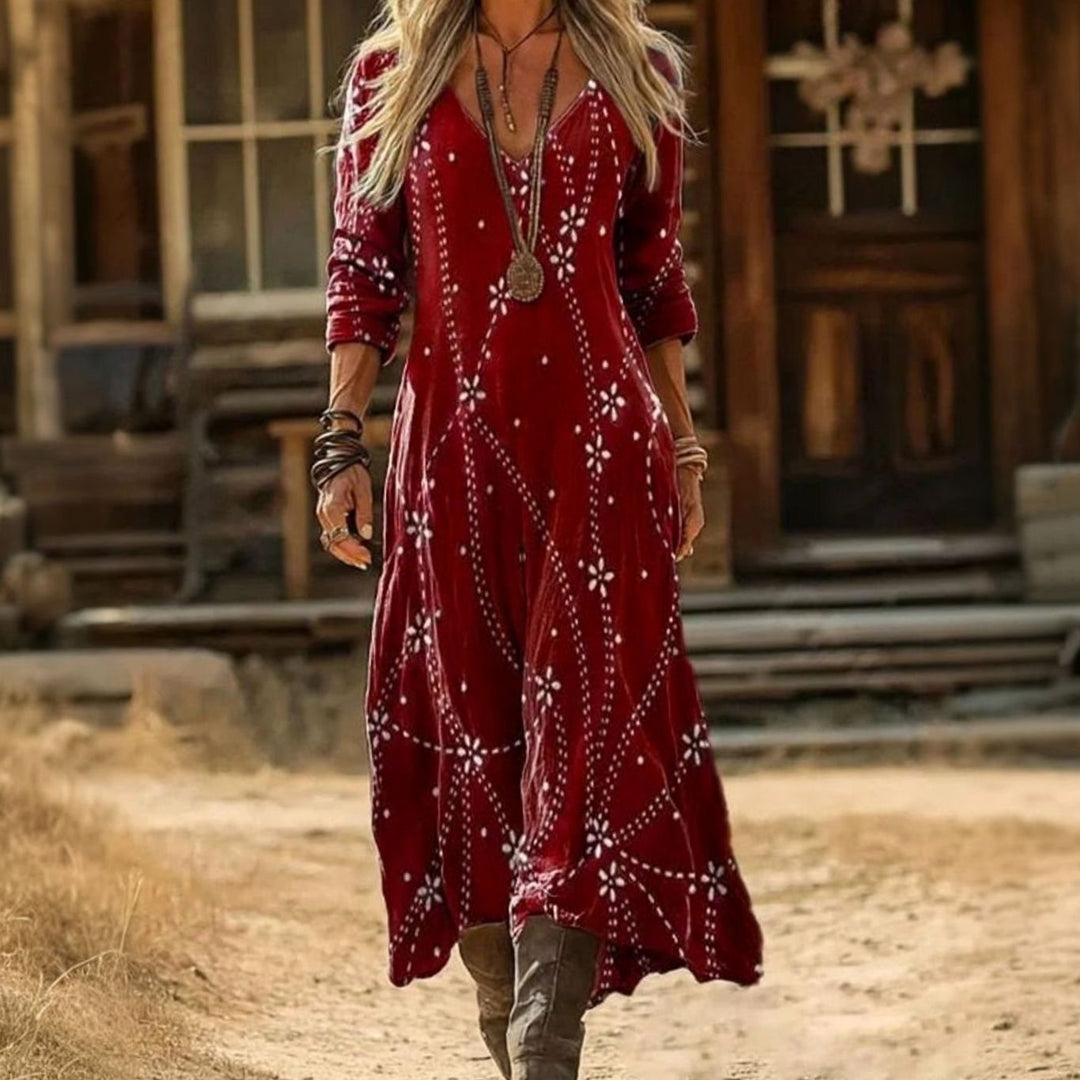 Women's Boho Long Sleeve Maxi Dress Floral V-Neck Flowing Fit - Red
