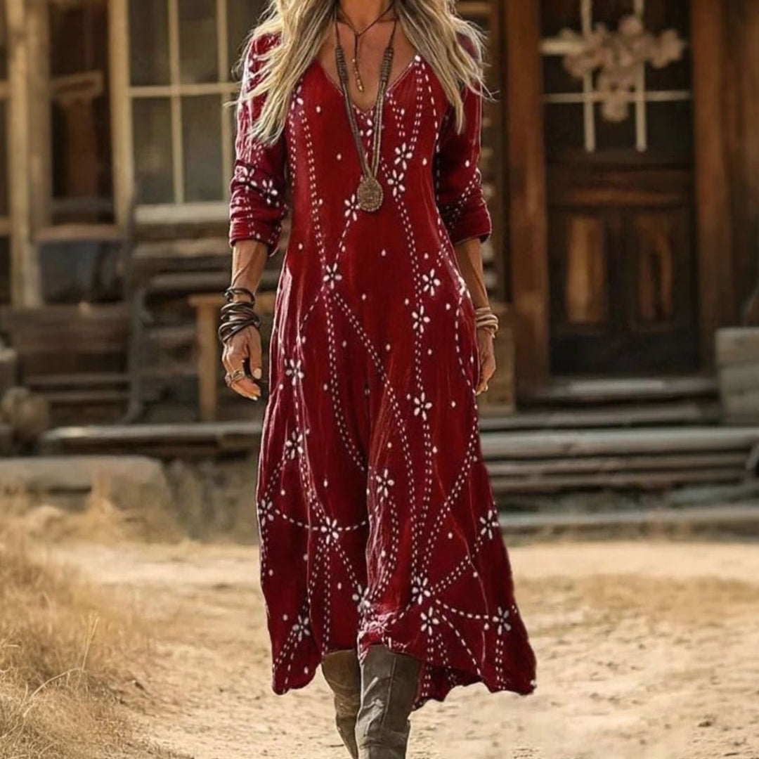 Women's Boho Long Sleeve Maxi Dress Floral V-Neck Flowing Fit