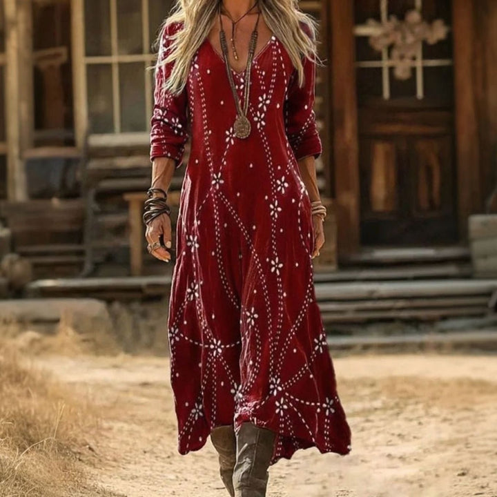 Women's Boho Long Sleeve Maxi Dress Floral V-Neck Flowing Fit