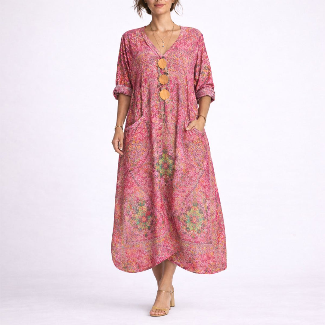 Women's Boho Paisley Maxi Fall Wedding Guest Dress V-Neck - Red