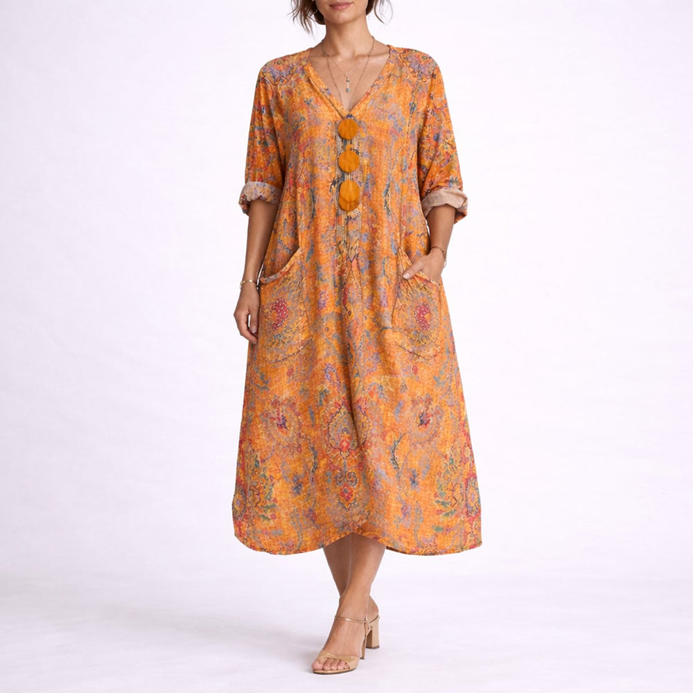 Women's Boho Paisley Maxi Fall Wedding Guest Dress V-Neck - Orange