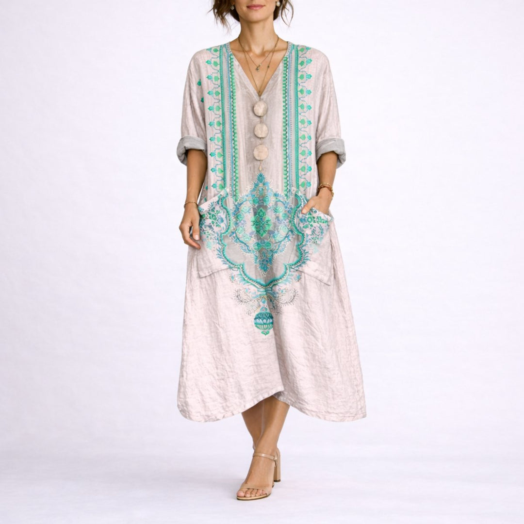 Women's Boho Paisley Maxi Fall Wedding Guest Dress V-Neck - Pink & Green