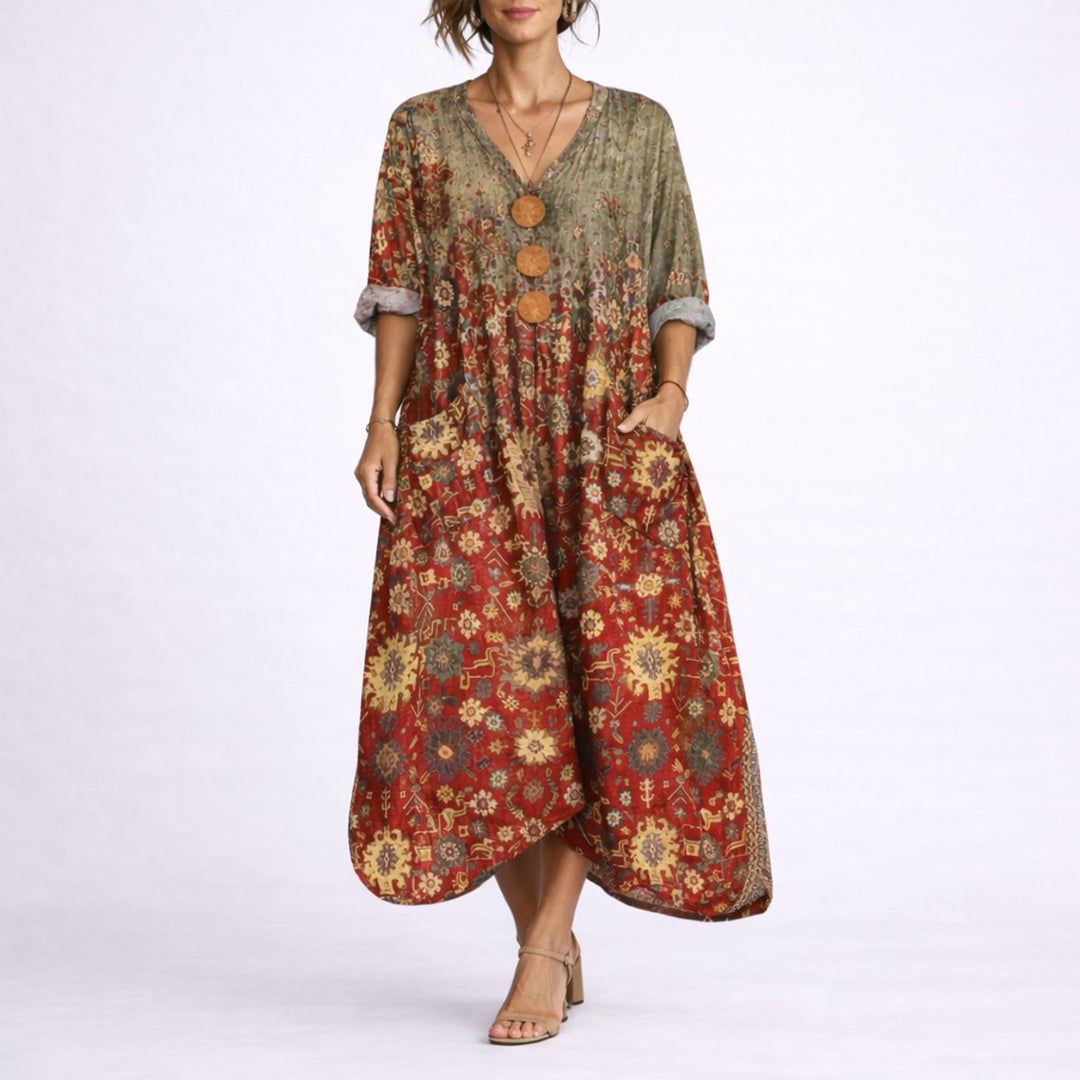 Women's Boho Paisley Maxi Fall Wedding Guest Dress V-Neck - Red Carpet