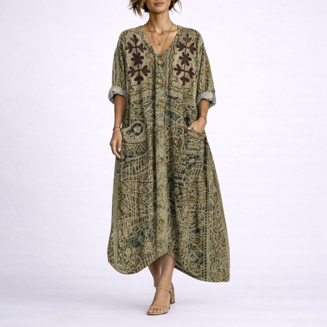 Women's Boho Paisley Maxi Fall Wedding Guest Dress V-Neck - Green