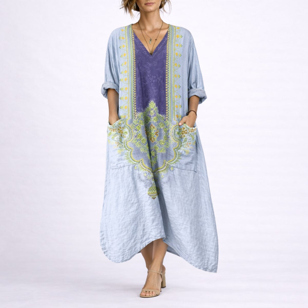 Women's Boho Paisley Maxi Fall Wedding Guest Dress V-Neck - Blue & Purple