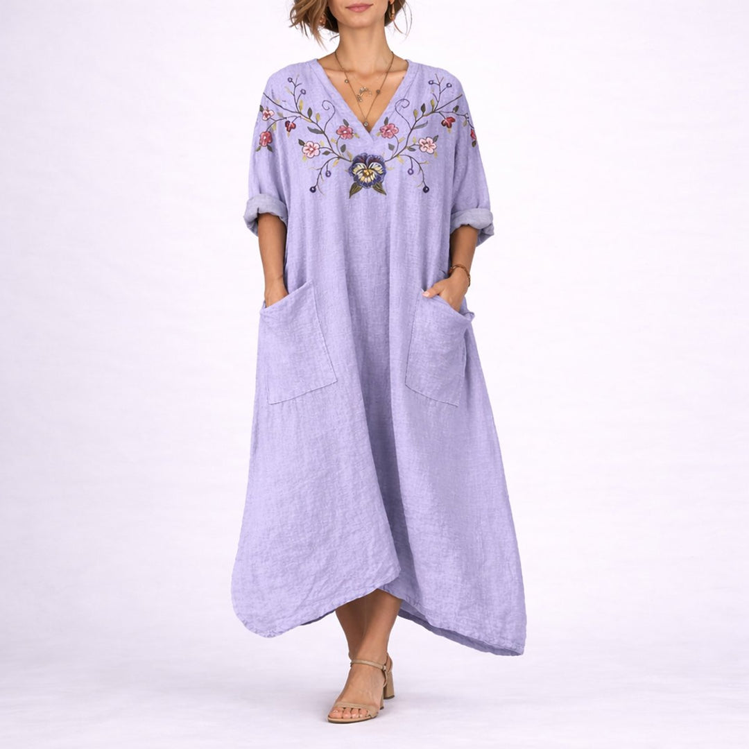 Women's Boho Paisley Maxi Fall Wedding Guest Dress V-Neck - Purple