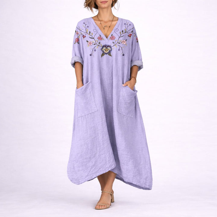 Women's Boho Paisley Maxi Fall Wedding Guest Dress V-Neck - Purple