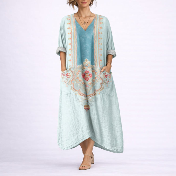 Women's Boho Paisley Maxi Fall Wedding Guest Dress V-Neck - Green & Blue