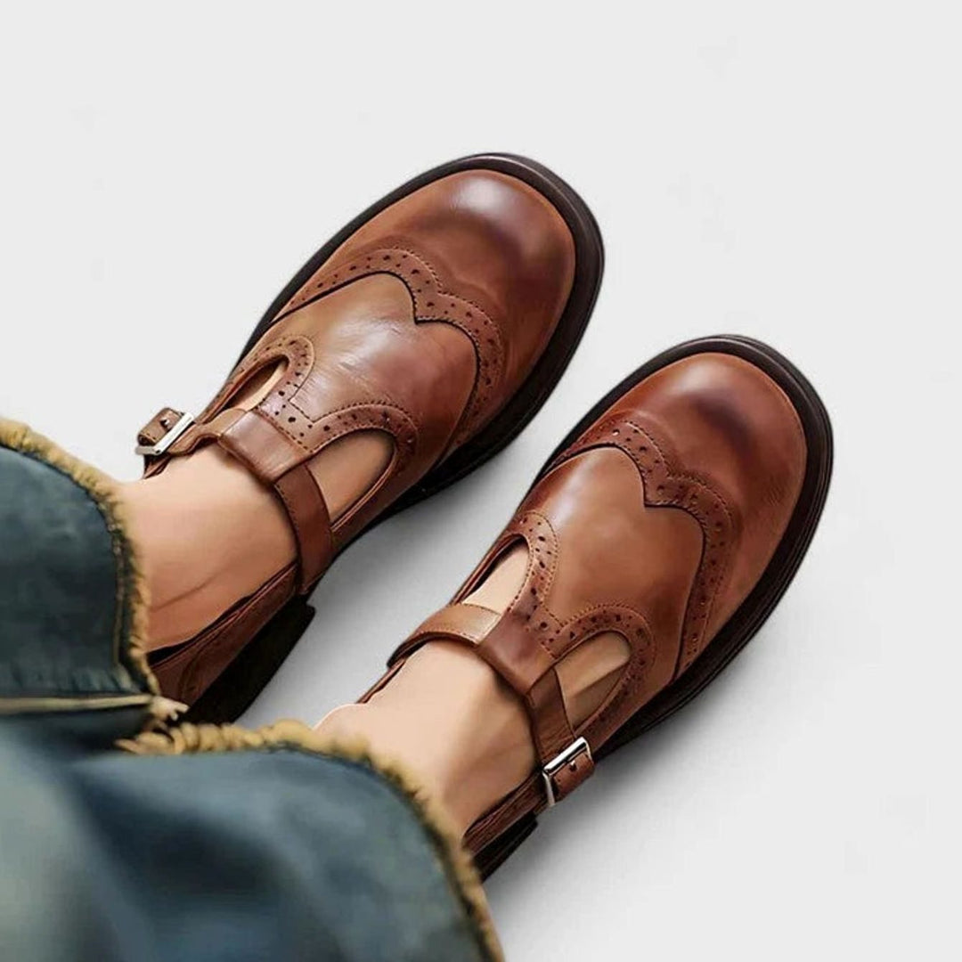 Women's Brogue Leather T-Strap Classic Boots Buckle Flats