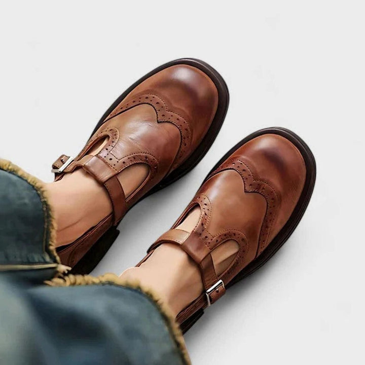 Women's Brogue Leather T-Strap Classic Boots Buckle Flats
