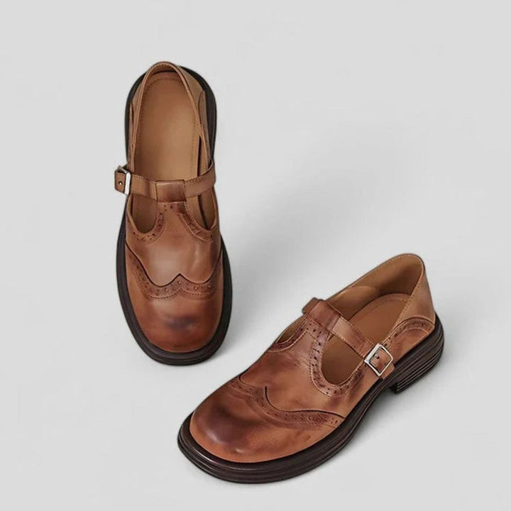 Women's Brogue Leather T-Strap Classic Boots Buckle Flats