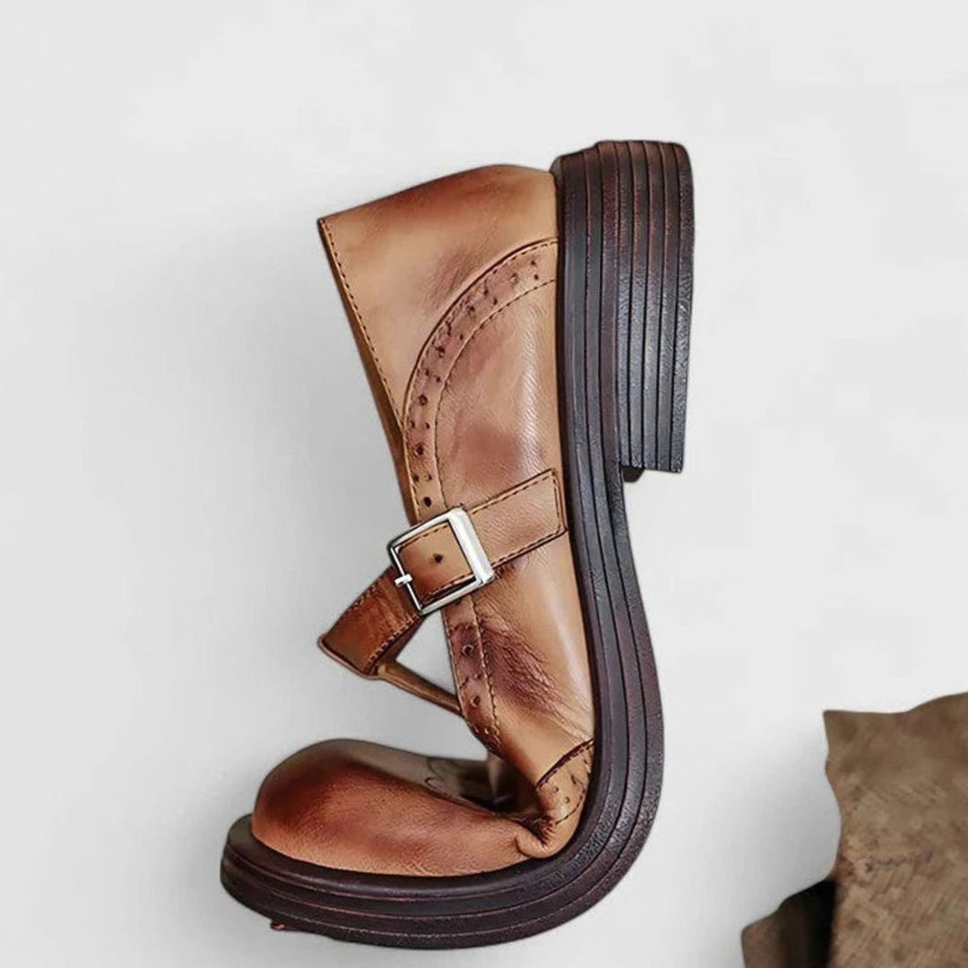 Women's Brogue Leather T-Strap Classic Boots Buckle Flats