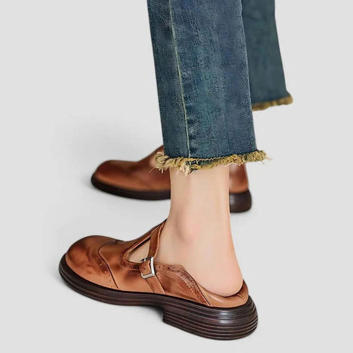 Women's Brogue Leather T-Strap Classic Boots Buckle Flats