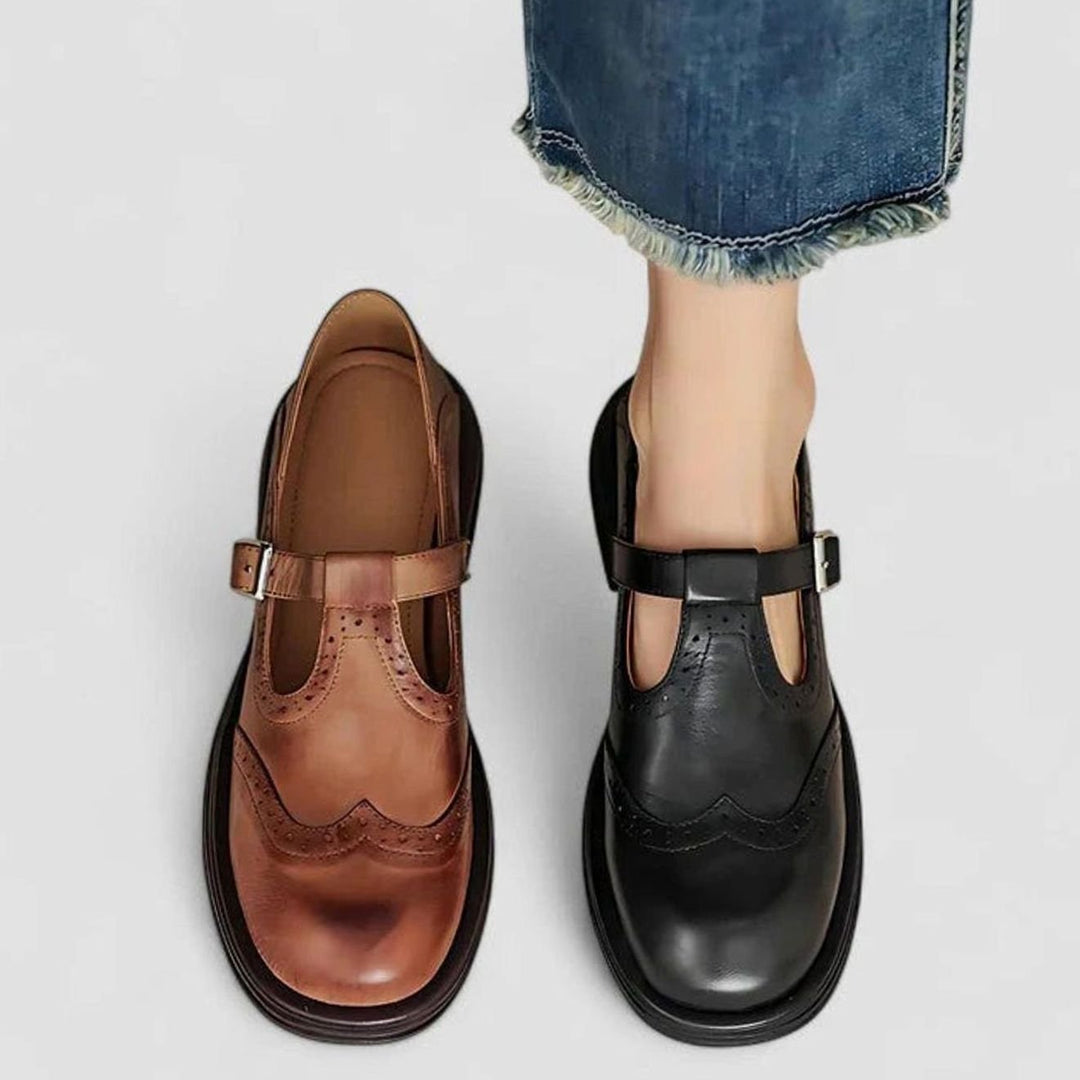 Women's Brogue Leather T-Strap Classic Boots Buckle Flats