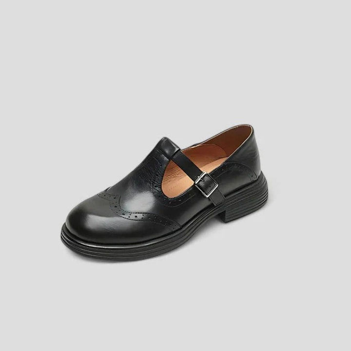 Women's Brogue Leather T-Strap Classic Boots Buckle Flats