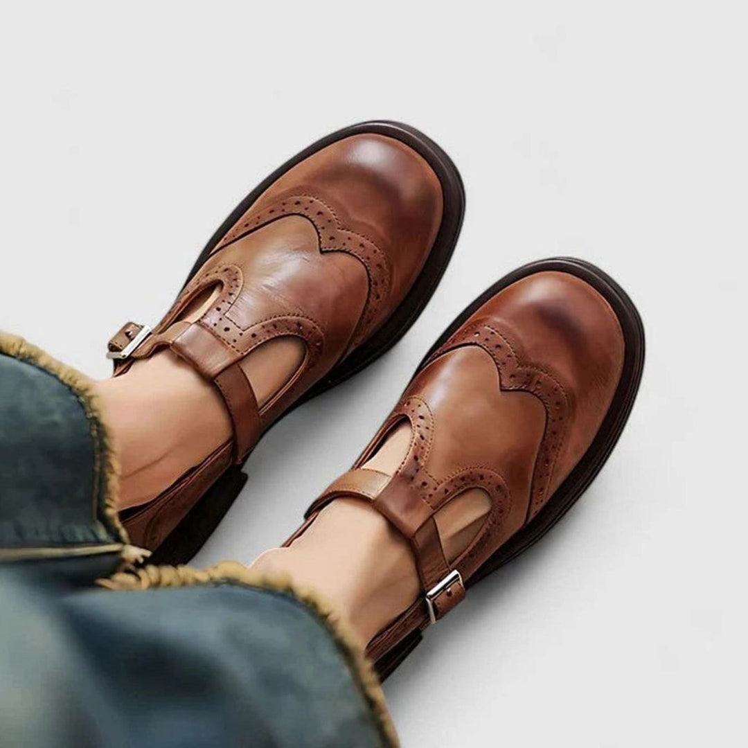 Women's Brogue Leather T-Strap Classic Boots Buckle Flats - Brown