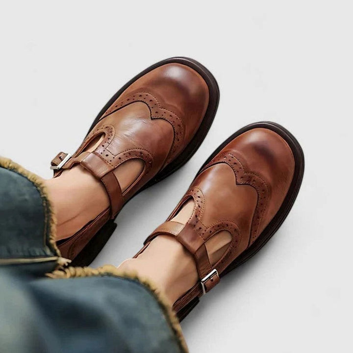 Women's Brogue Leather T-Strap Classic Boots Buckle Flats - Brown