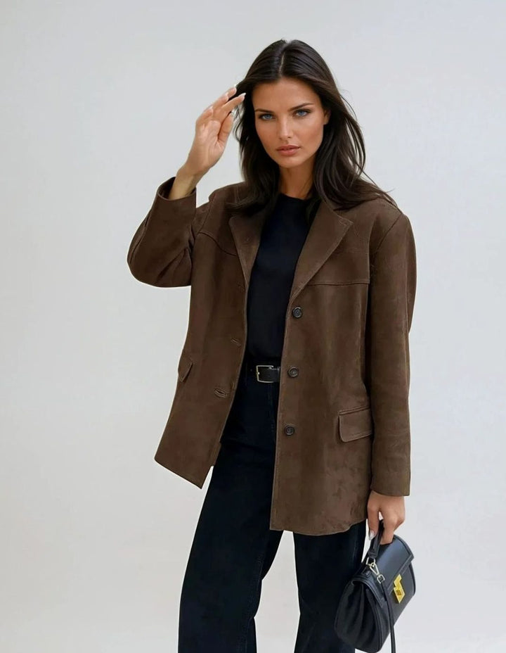 Women's Brown Suede Blazer Relaxed-Fit Jacket Flap Pockets - Brown
