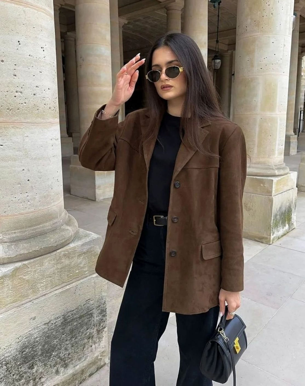 Women's Brown Suede Blazer Relaxed-Fit Jacket Flap Pockets