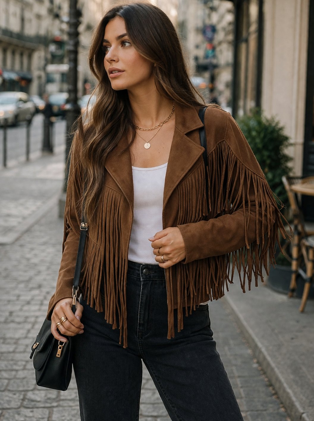 Women's Brown Suede Fringe Blazer Jacket