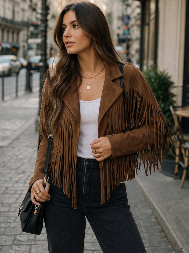 Women's Brown Suede Fringe Blazer Jacket