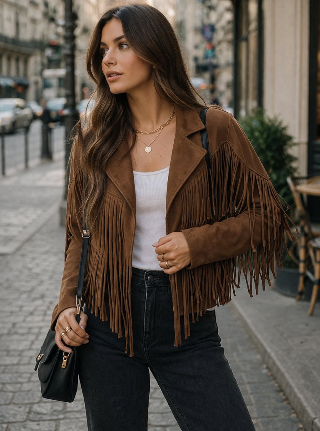 Women's Brown Suede Fringe Blazer Jacket - Brown