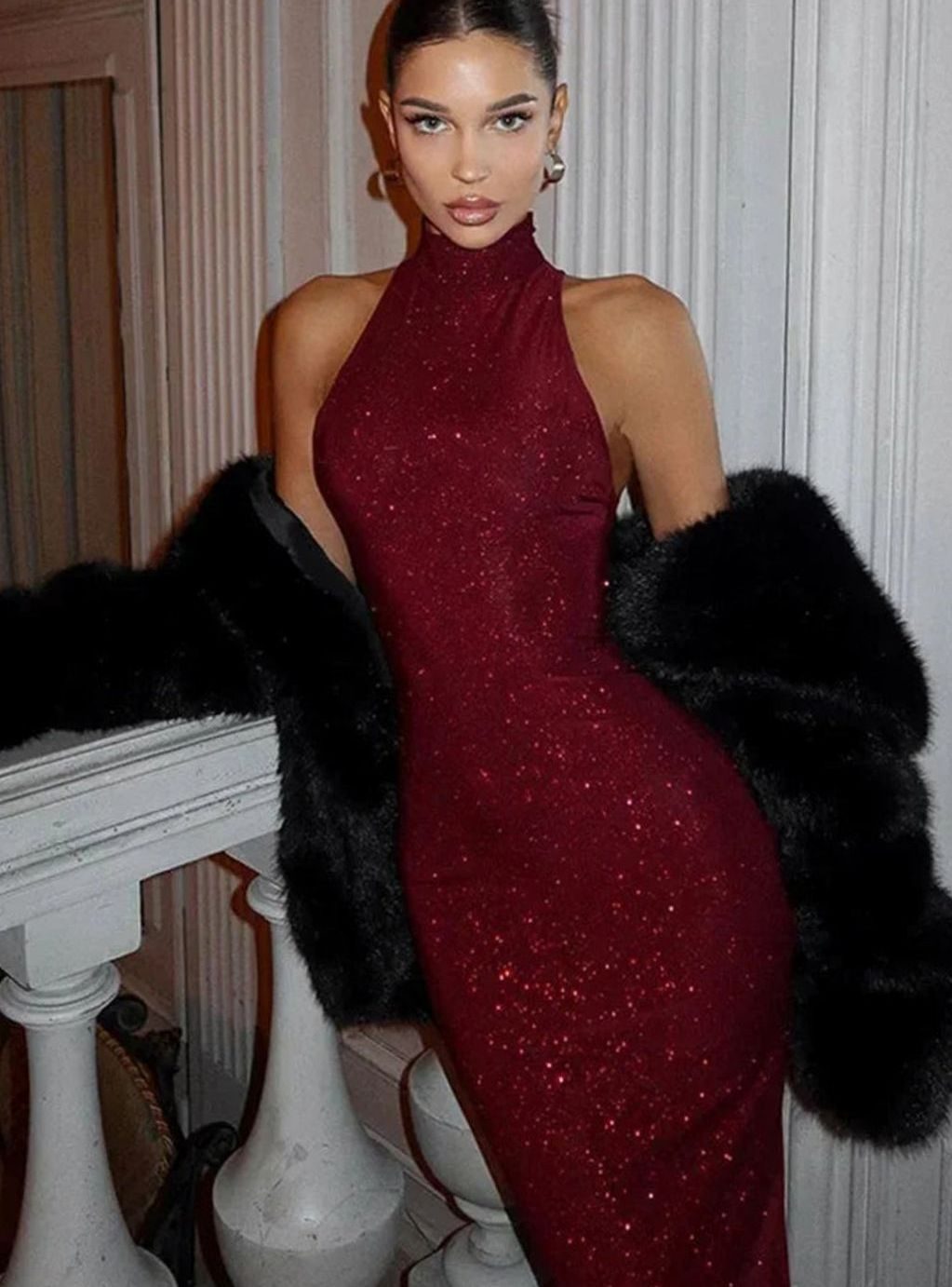 Women's Burgundy Sequin Halter-Neck Fitted Maxi Dress