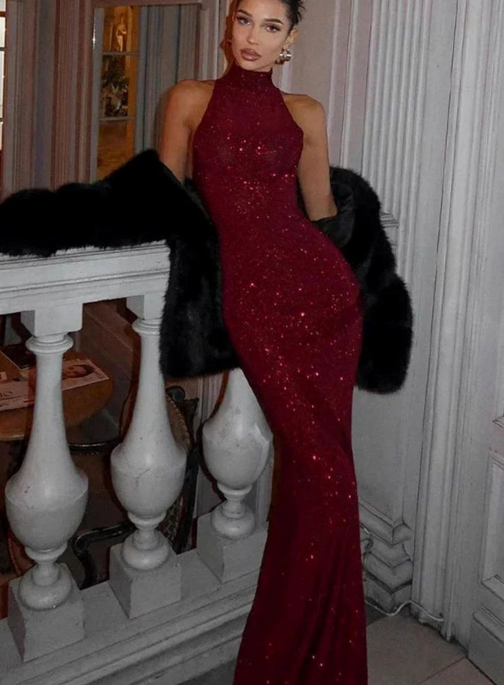 Women's Burgundy Sequin Halter-Neck Fitted Maxi Dress - Red