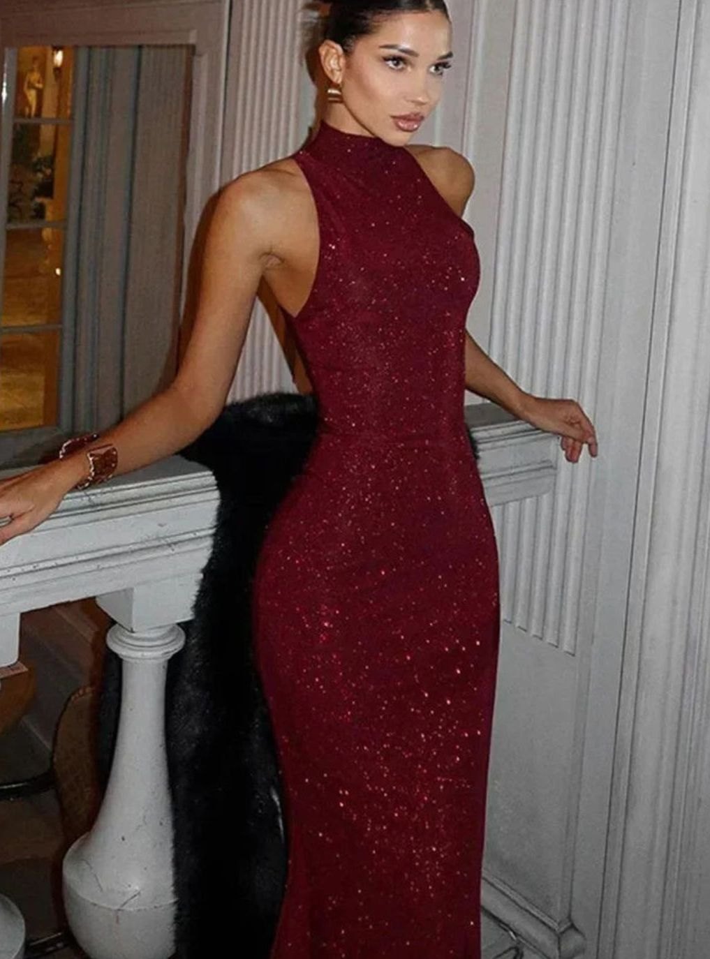 Women's Burgundy Sequin Halter-Neck Fitted Maxi Dress