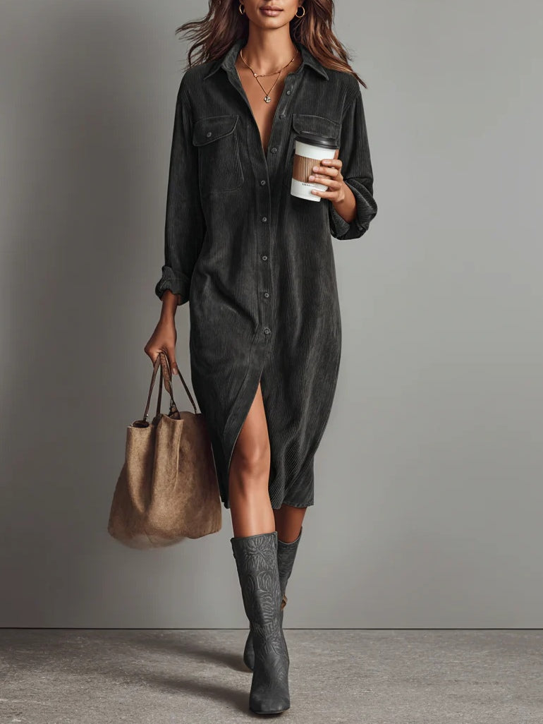 Fiona | Women's Button Front Long Sleeve Midi Dress Luvy Boutique