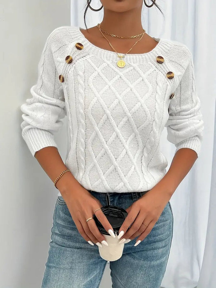 Women's Cable Knit Sweater Raglan-Sleeve Button-Detail Pullover - White