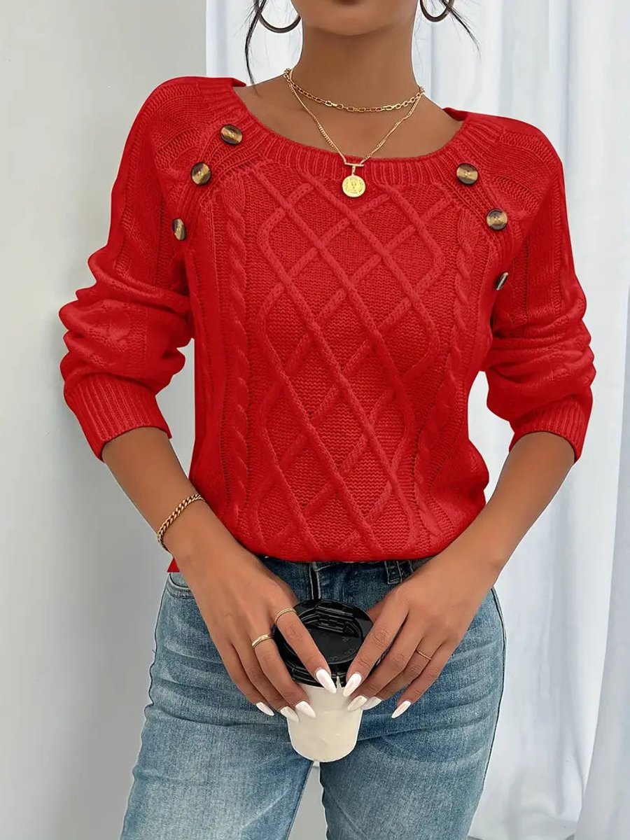 Women's Cable Knit Sweater Raglan-Sleeve Button-Detail Pullover - Red