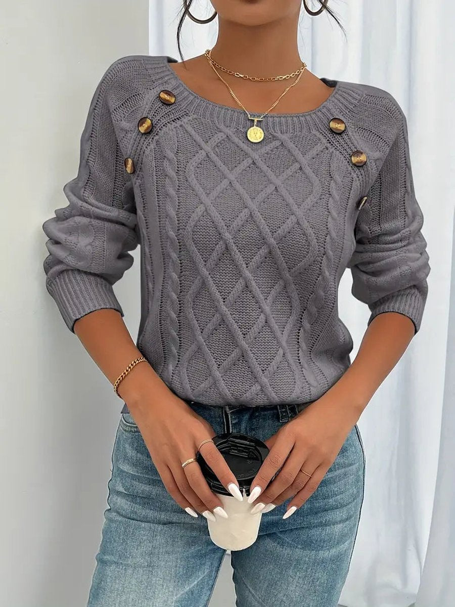 Women's Cable Knit Sweater Raglan-Sleeve Button-Detail Pullover - Dark Grey