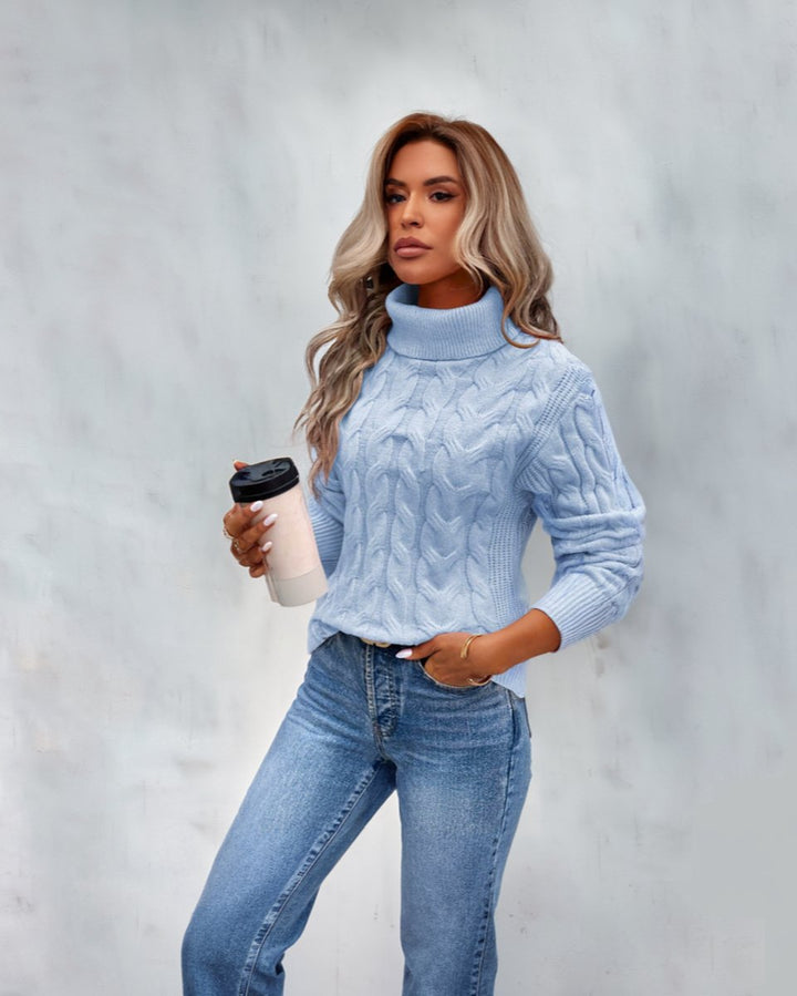 Women's Cable-Knit Turtleneck Sweater Relaxed Pullover - Blue