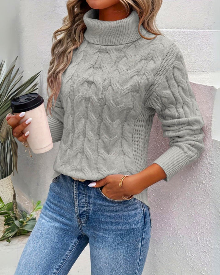 Women's Cable-Knit Turtleneck Sweater Relaxed Pullover - Grey