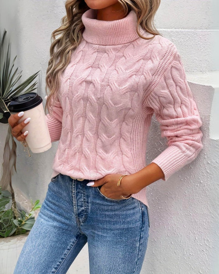 Women's Cable-Knit Turtleneck Sweater Relaxed Pullover - Pink