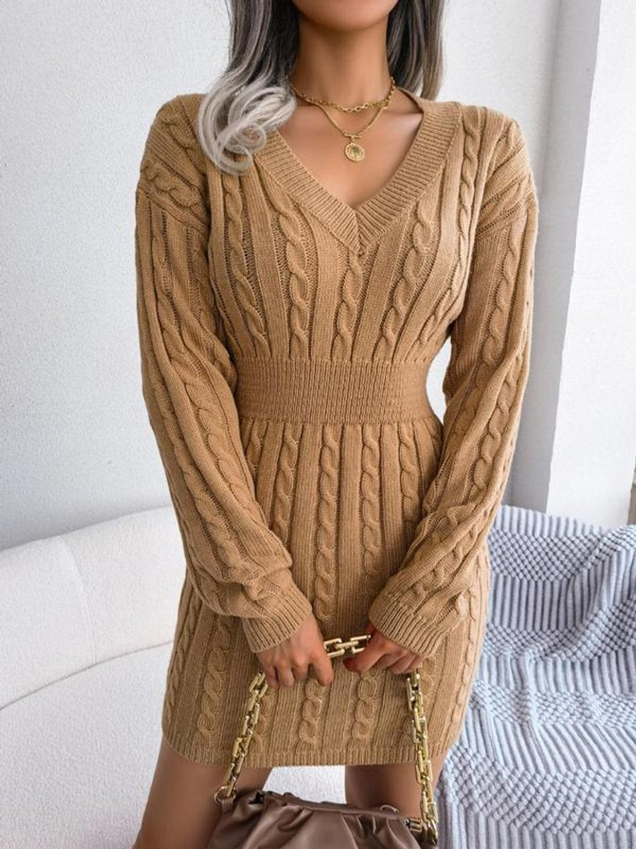 Women's Cable-Knit V-Neck Long Sleeve Formal Dresses Fitted Mini - Khaki
