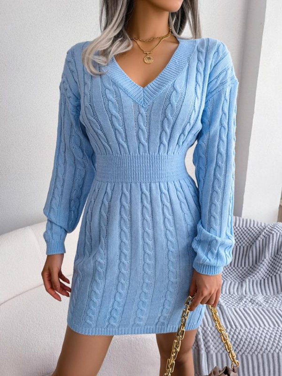 Women's Cable-Knit V-Neck Long Sleeve Formal Dresses Fitted Mini - Blue
