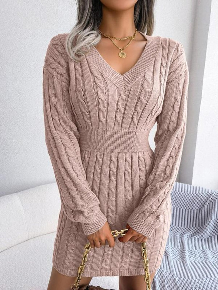 Women's Cable-Knit V-Neck Long Sleeve Formal Dresses Fitted Mini - Pink