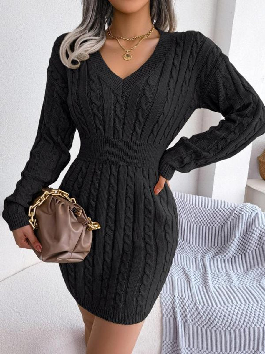 Women's Cable-Knit V-Neck Long Sleeve Formal Dresses Fitted Mini - Black