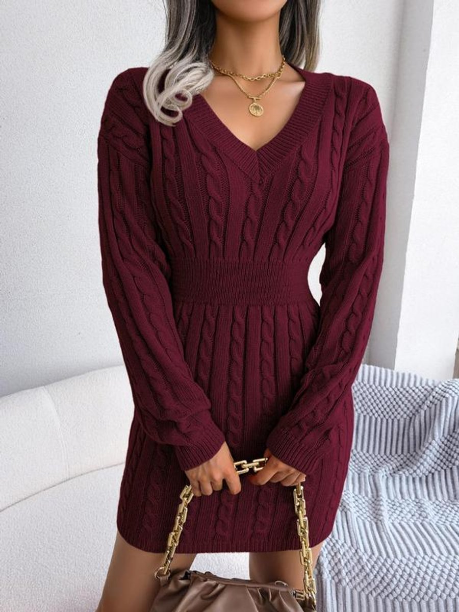Women's Cable-Knit V-Neck Long Sleeve Formal Dresses Fitted Mini - Burgundy
