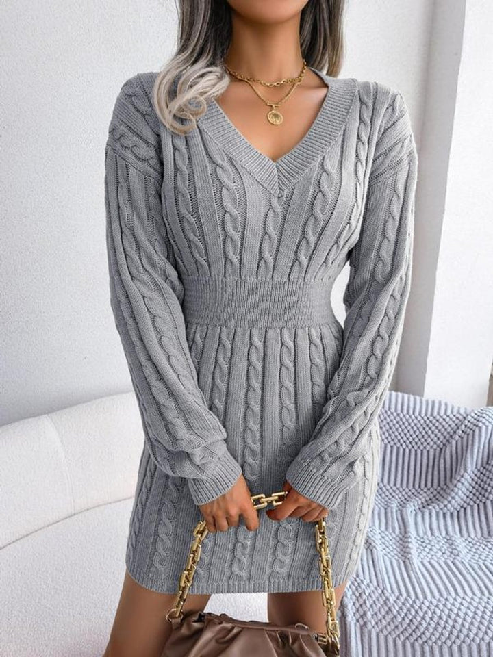 Women's Cable-Knit V-Neck Long Sleeve Formal Dresses Fitted Mini - Grey