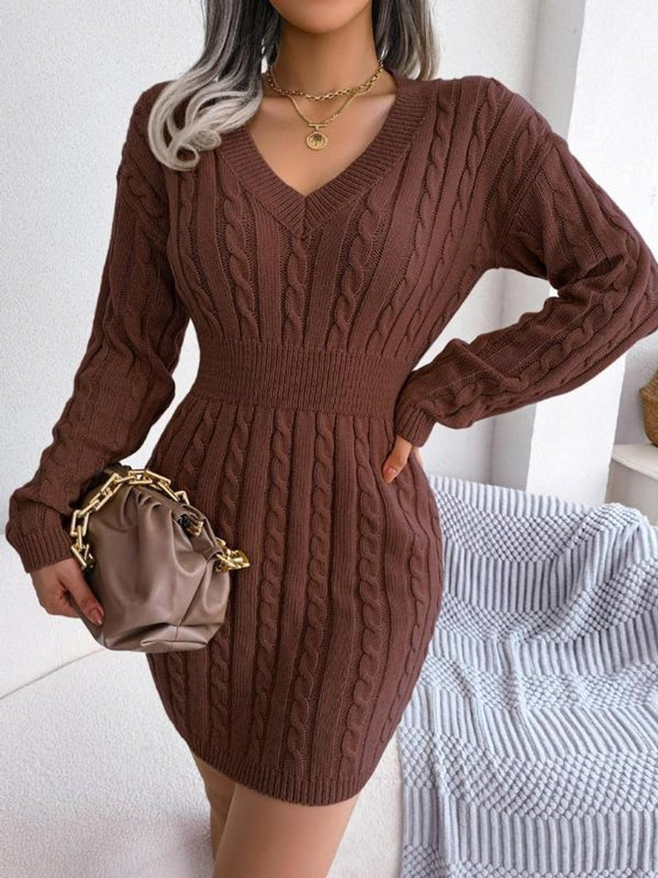 Women's Cable-Knit V-Neck Long Sleeve Formal Dresses Fitted Mini - Coffee Brown