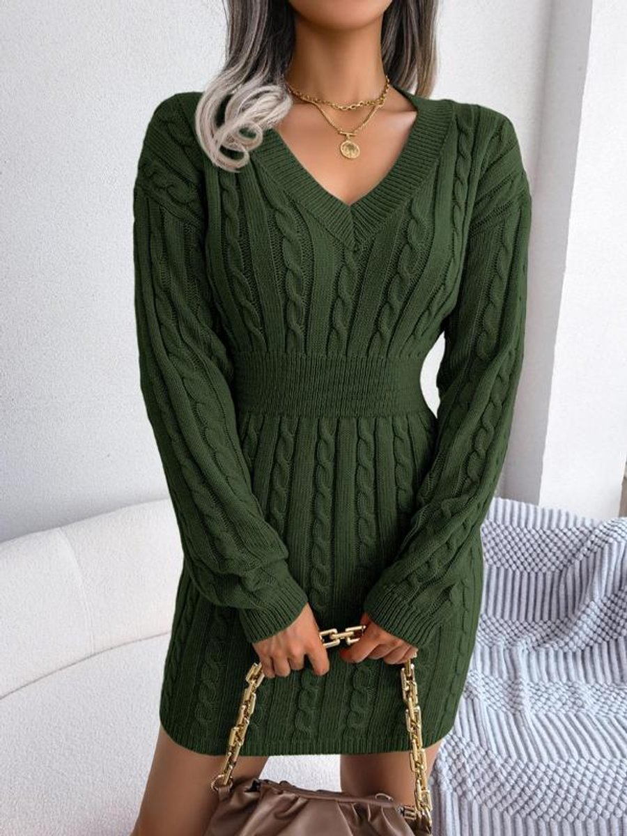 Women's Cable-Knit V-Neck Long Sleeve Formal Dresses Fitted Mini - Army Green