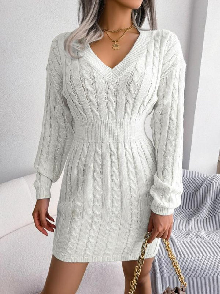 Women's Cable-Knit V-Neck Long Sleeve Formal Dresses Fitted Mini - Off White