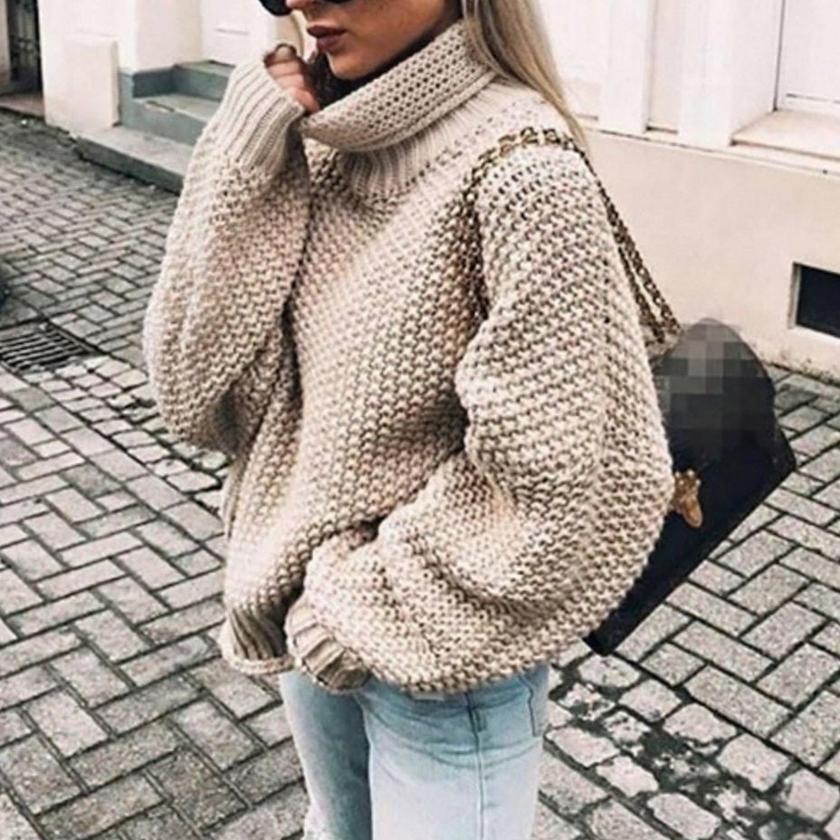 Women's Cardigan Oversized Chunky Knit Turtleneck Sweater - Khaki