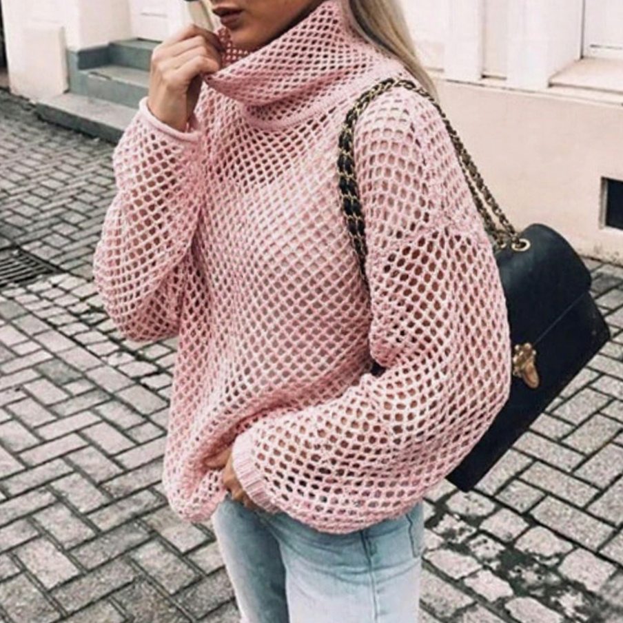 Women's Cardigan Oversized Chunky Knit Turtleneck Sweater - Pink